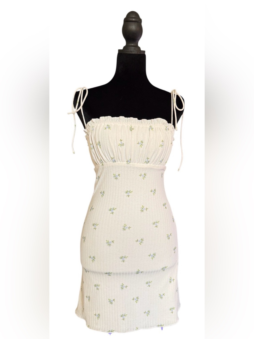 Princess Polly Cream Floral Ribbed Tie-Shoulder Chemise Dress
